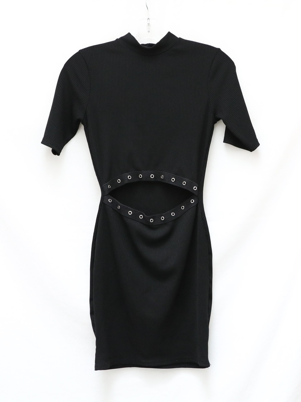 Missguided black dress mini short slim fit front eyelet front cut 4 silver club